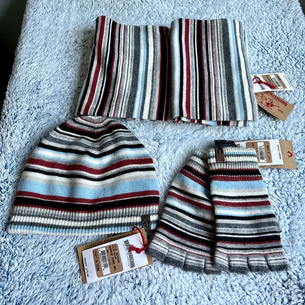 True Religion, Beanie, Scarf, and Gloves, NWT